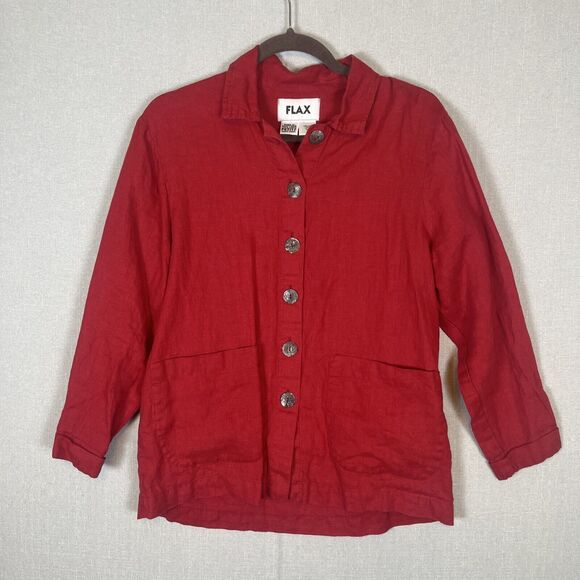 Flax Linen Womens Sz Petite Large Button Up Shirt Jacket Shacket Red Long Sleeve - Picture 1 of 7